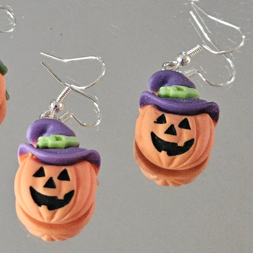 Hand Crafted Halloween Pumpkin Which Earrings - Orange and Purple